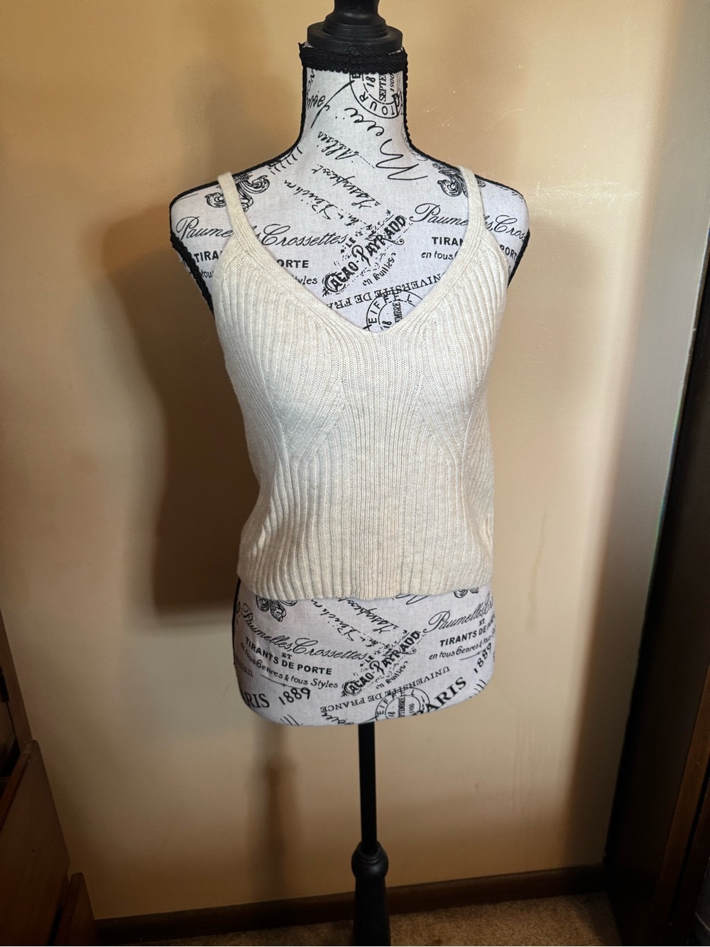 Ribbed V-Neck Ivory Knit Tank Top - Women's